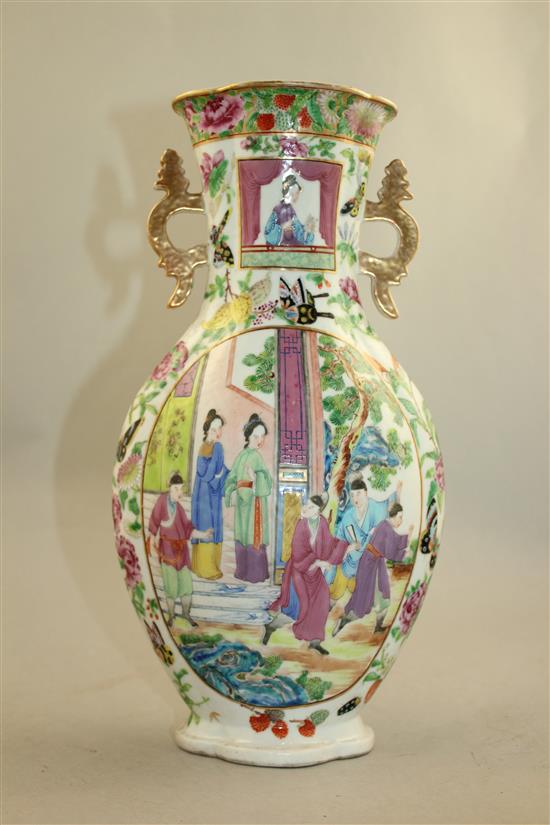 A Chinese Canton-decorated famille rose two handled vase, Jiaqing / Daoguang period, 31.5cm, rim chip